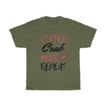 Load image into Gallery viewer, Coffee, Crab, Beer, Repeat Unisex Heavy Cotton Tee - Multiple Colors Available
