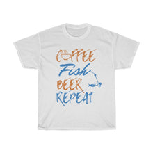 Load image into Gallery viewer, Coffee, Fish, Beer, Repeat Unisex Heavy Cotton Tee - Multiple Colors Available
