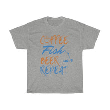 Load image into Gallery viewer, Coffee, Fish, Beer, Repeat Unisex Heavy Cotton Tee - Multiple Colors Available
