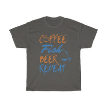 Load image into Gallery viewer, Coffee, Fish, Beer, Repeat Unisex Heavy Cotton Tee - Multiple Colors Available
